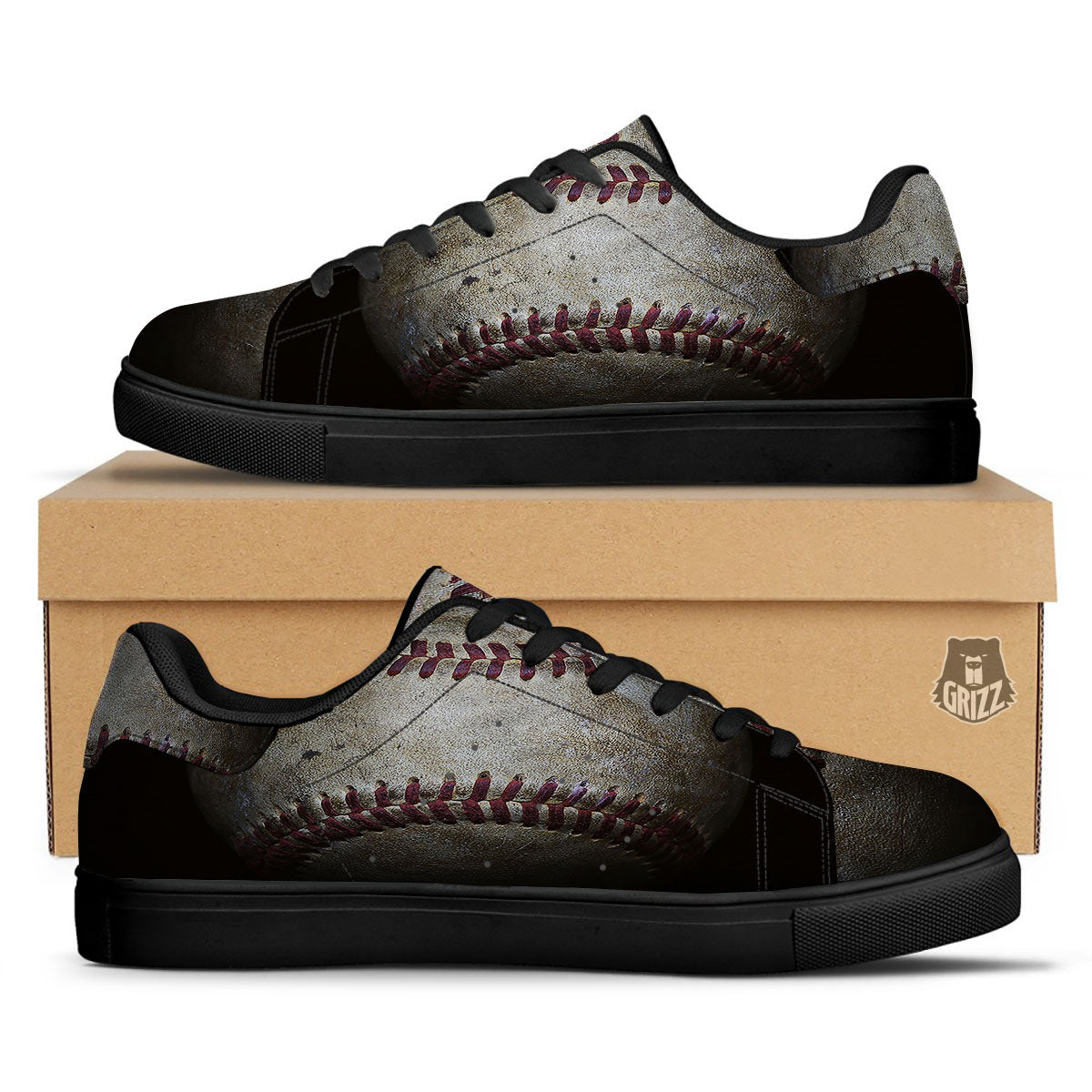 Baseballs Grunge Print Black Low Top Sneakers-grizzshop