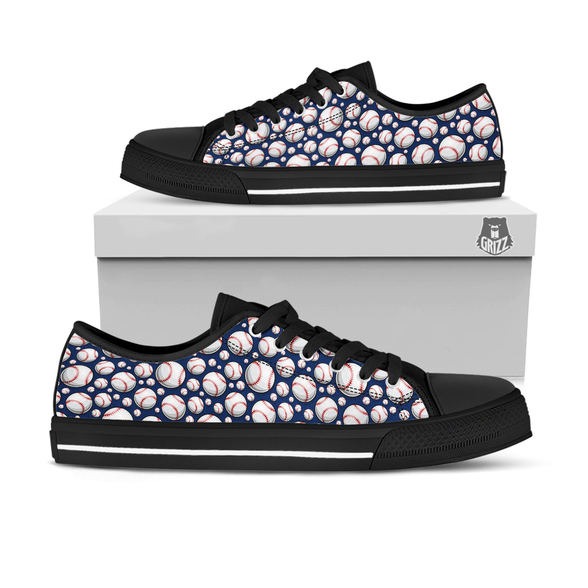 Baseballs Print Pattern Black Low Top Shoes-grizzshop