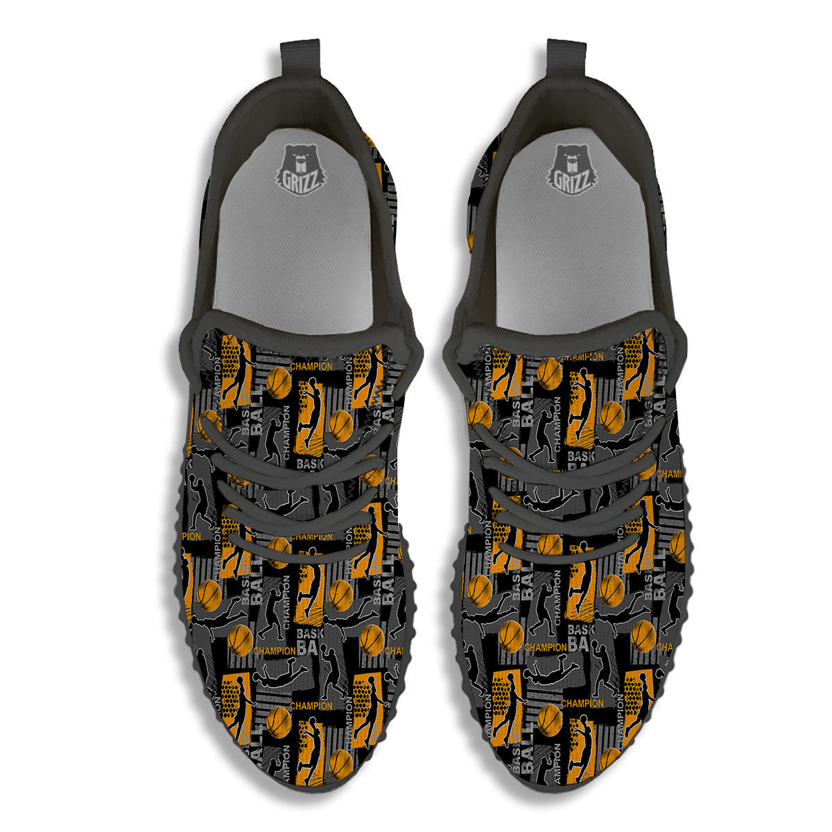 Basketball Black Yellow Print Pattern Black Walking Shoes-grizzshop