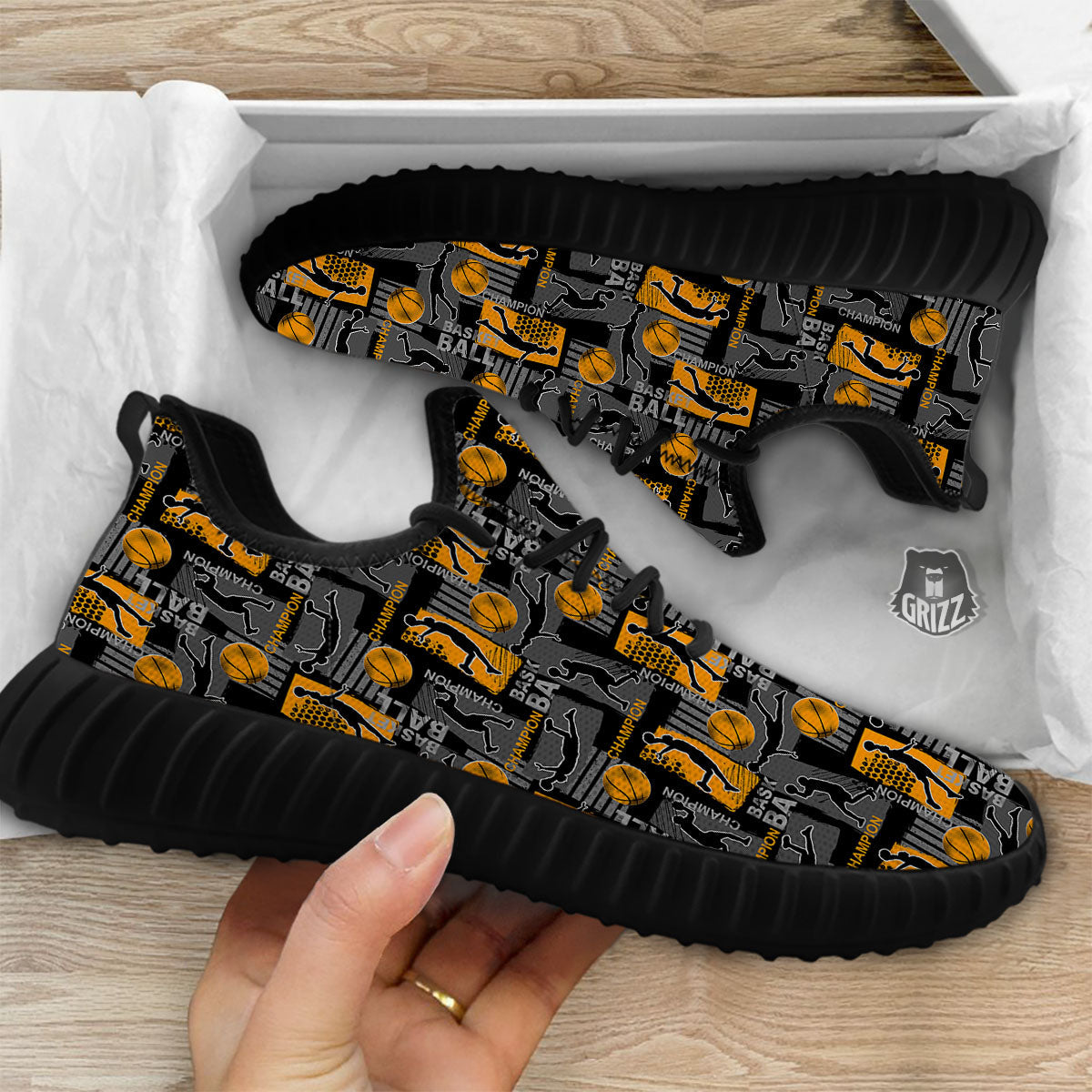 Basketball Black Yellow Print Pattern Black Walking Shoes-grizzshop