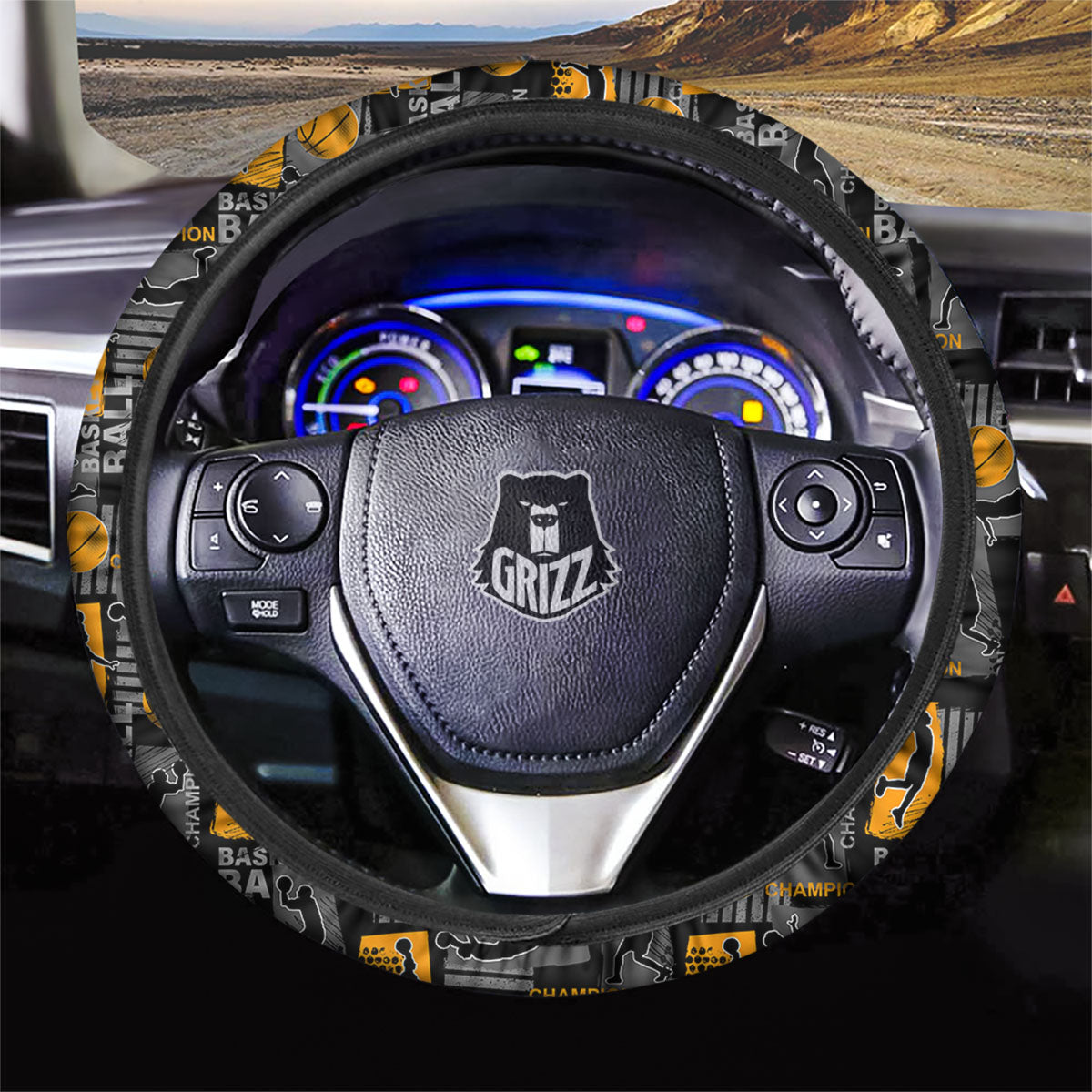 Basketball Black Yellow Print Pattern Car Steering Wheel Cover-grizzshop