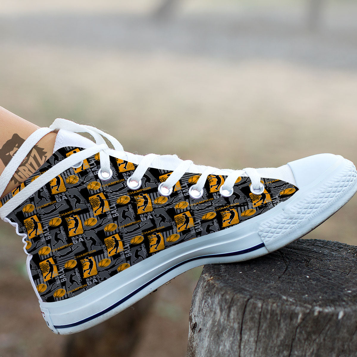 Basketball Black Yellow Print Pattern White High Top Shoes-grizzshop