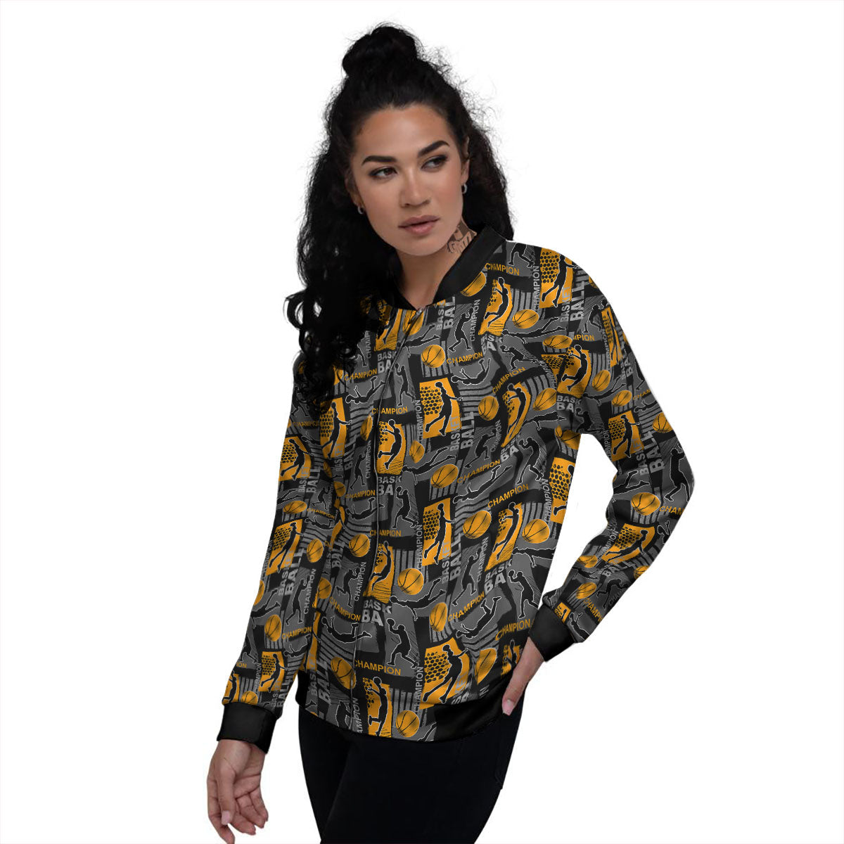 Basketball Black Yellow Print Pattern Women's Bomber Jacket-grizzshop