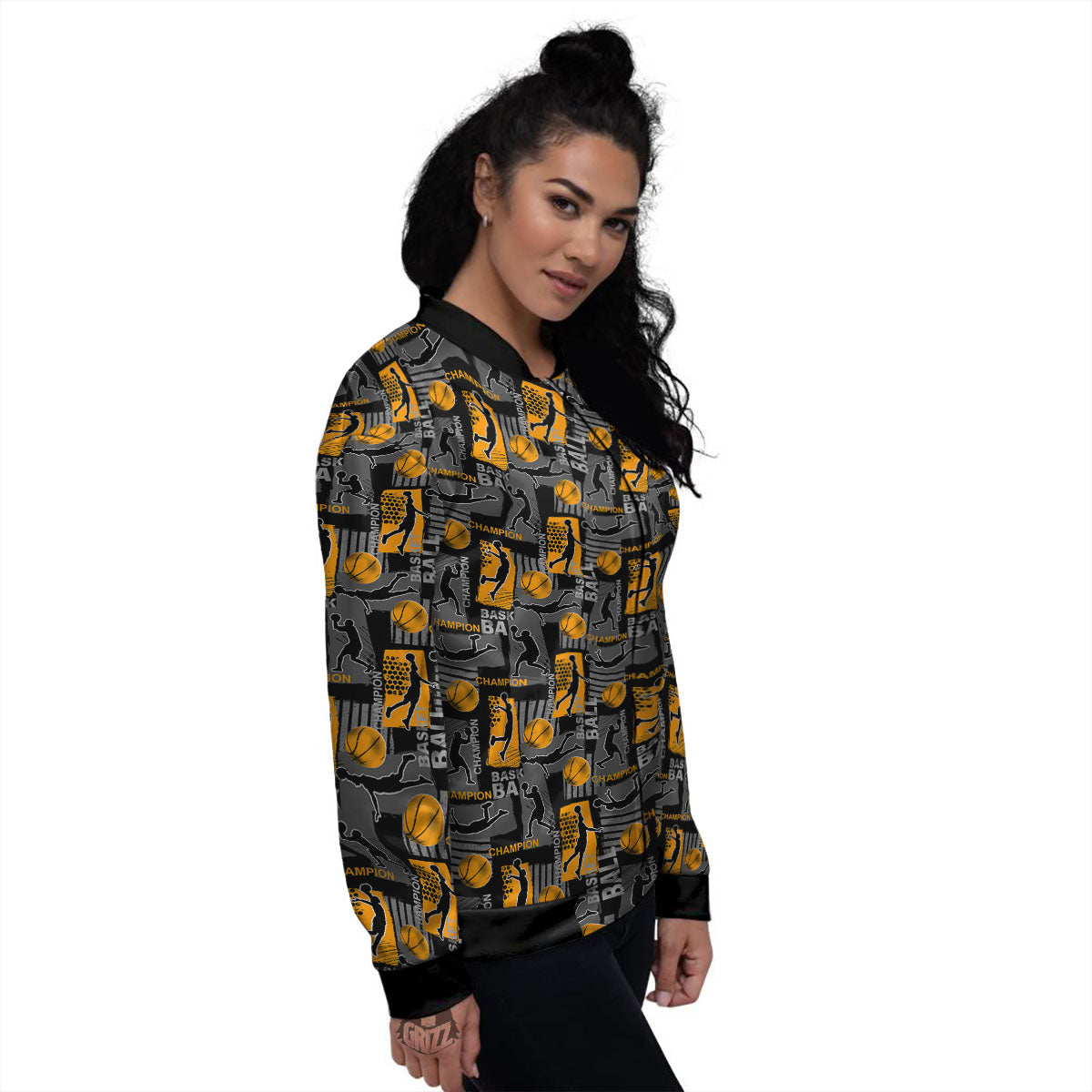 Basketball Black Yellow Print Pattern Women's Bomber Jacket-grizzshop
