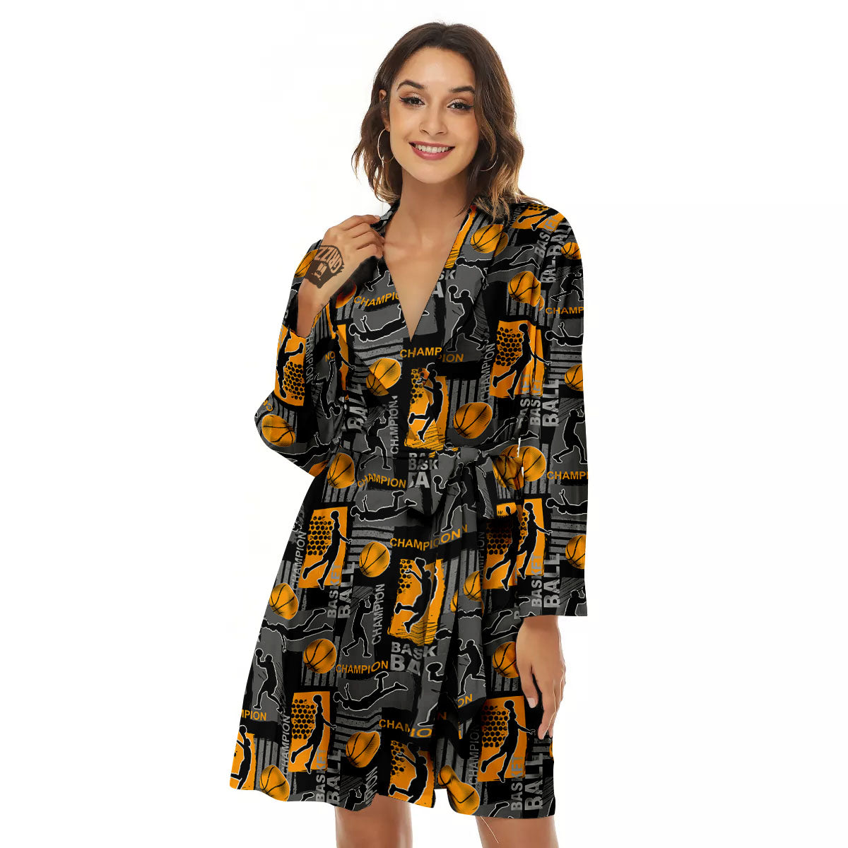Basketball Black Yellow Print Pattern Women's Robe-grizzshop