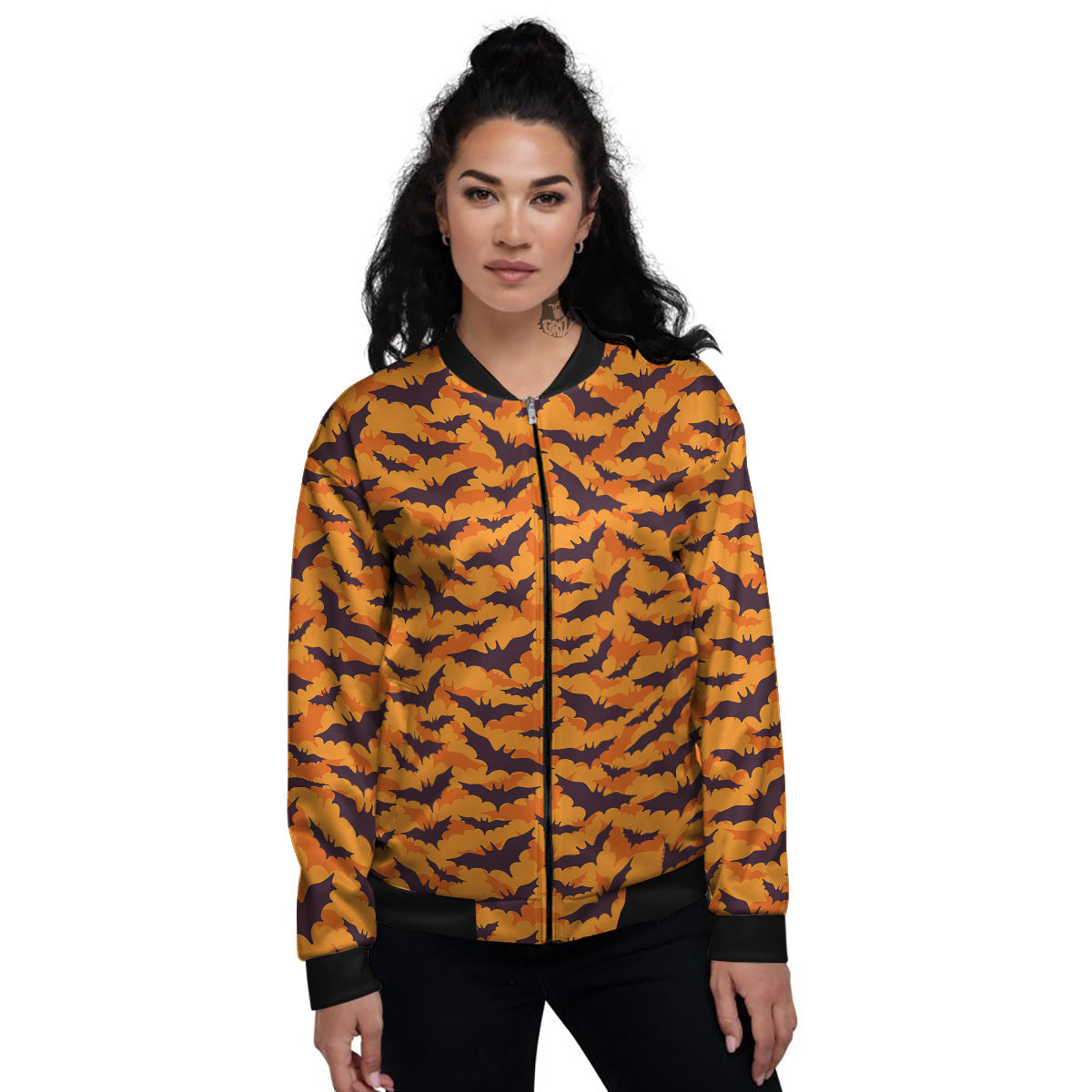 Bats Black And Orange Print Pattern Women's Bomber Jacket-grizzshop