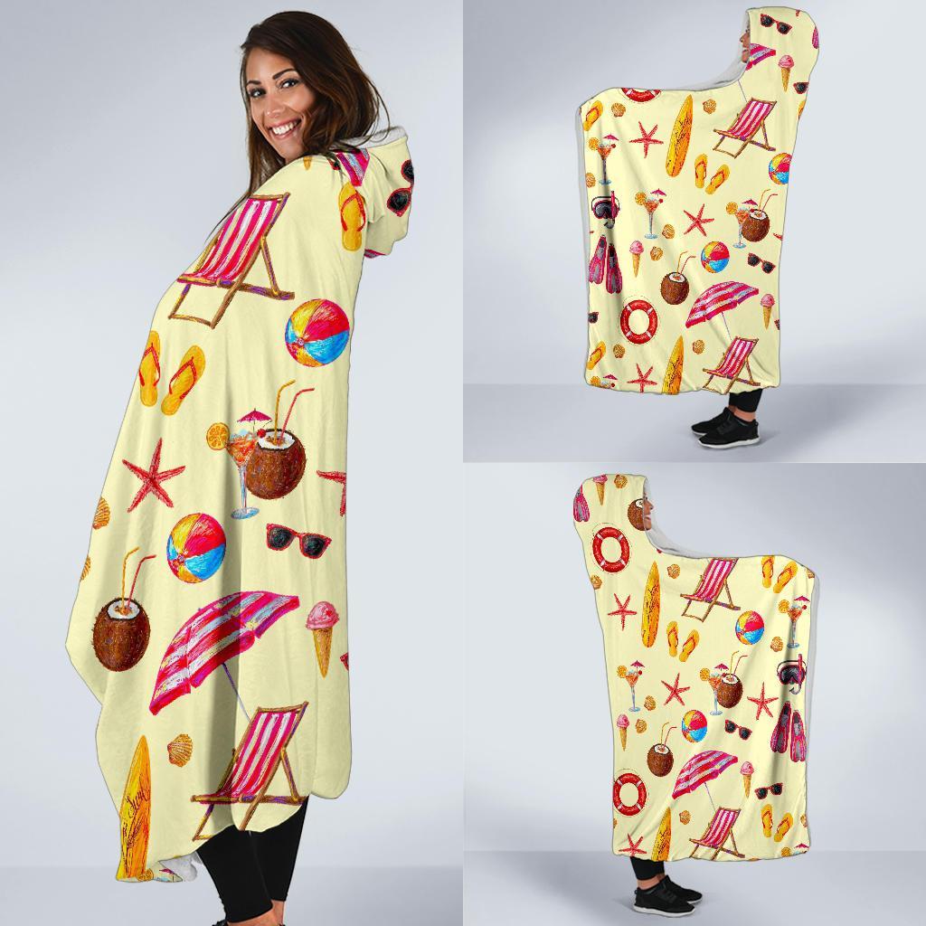 Beach Pattern Print Hooded Blanket-grizzshop