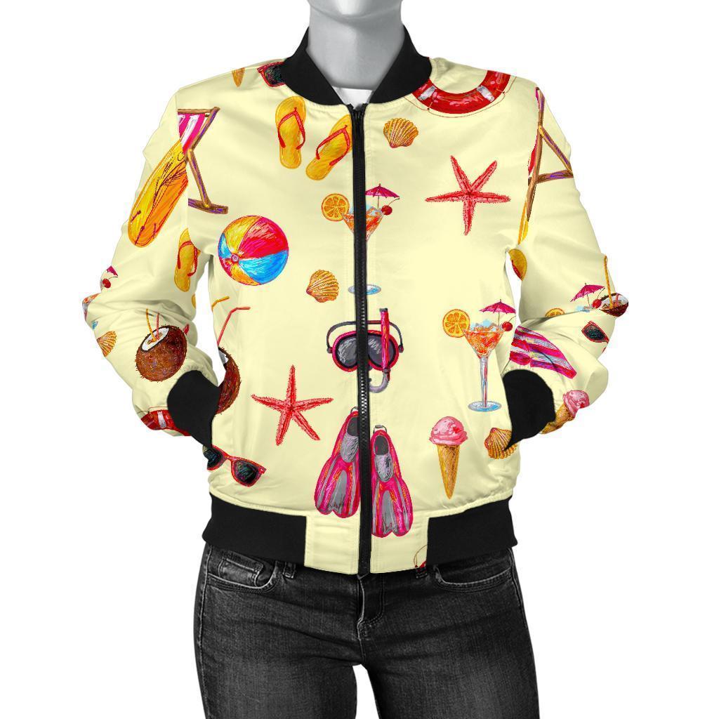 Beach Pattern Print Women Casual Bomber Jacket-grizzshop