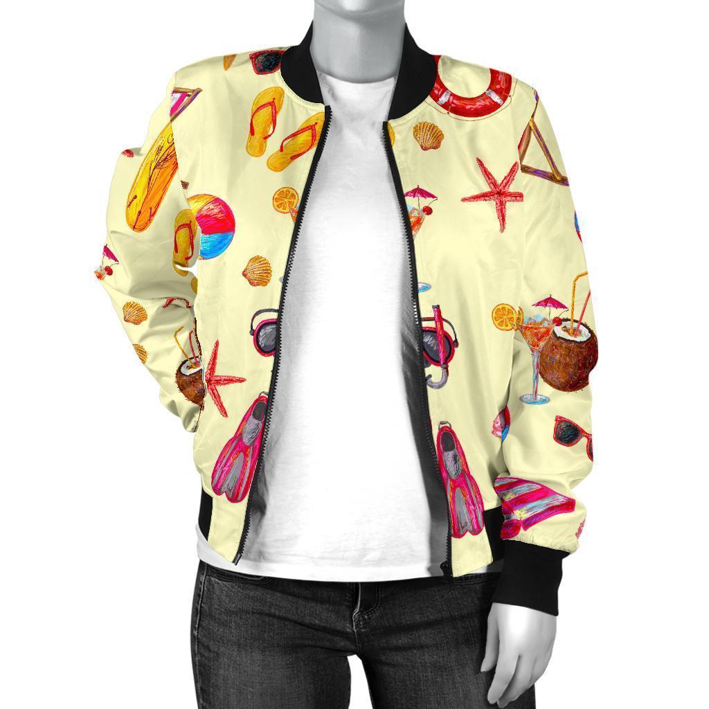 Beach Pattern Print Women Casual Bomber Jacket-grizzshop