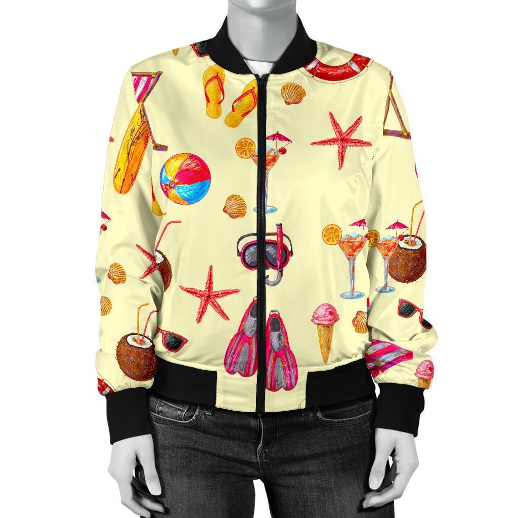 Beach Pattern Print Women Casual Bomber Jacket-grizzshop