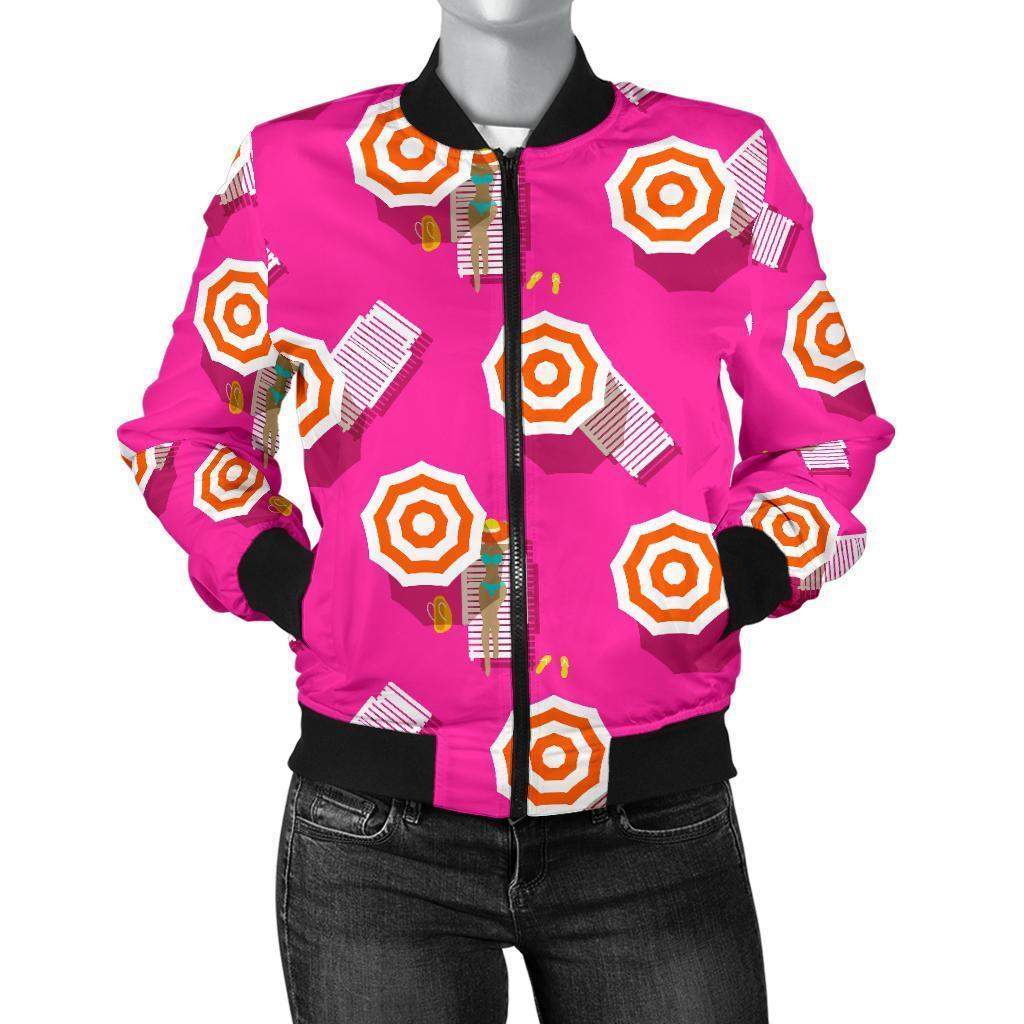 Beach Pink Pattern Print Women Casual Bomber Jacket-grizzshop
