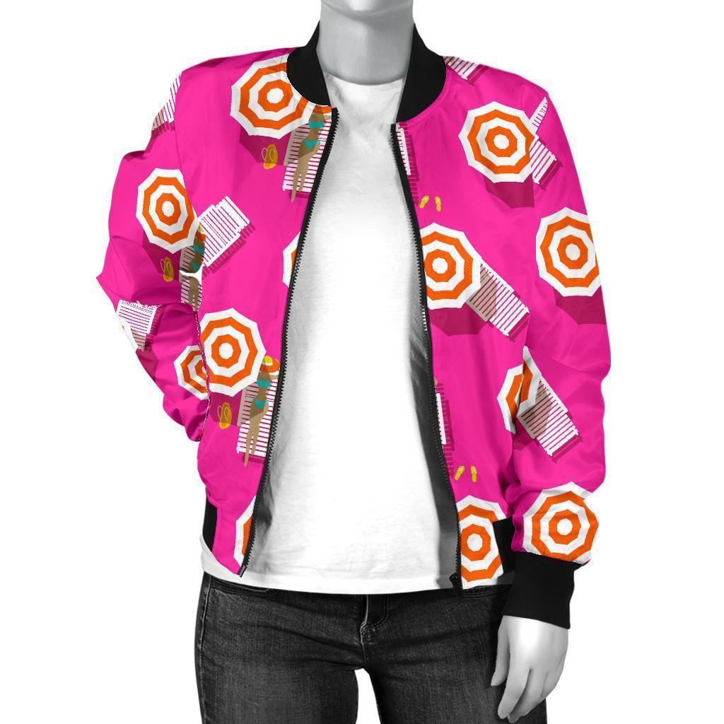 Beach Pink Pattern Print Women Casual Bomber Jacket-grizzshop
