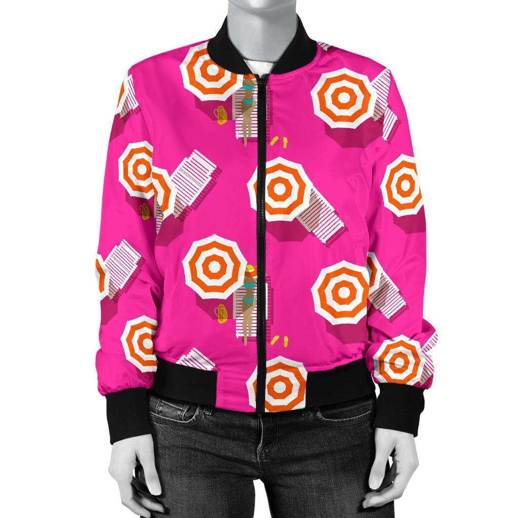 Beach Pink Pattern Print Women Casual Bomber Jacket-grizzshop