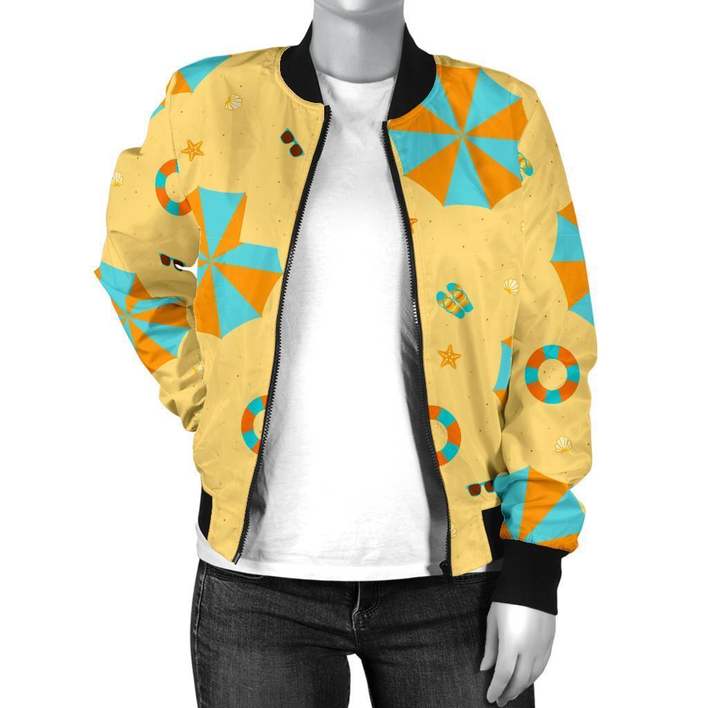 Beach Print Pattern Women Casual Bomber Jacket-grizzshop