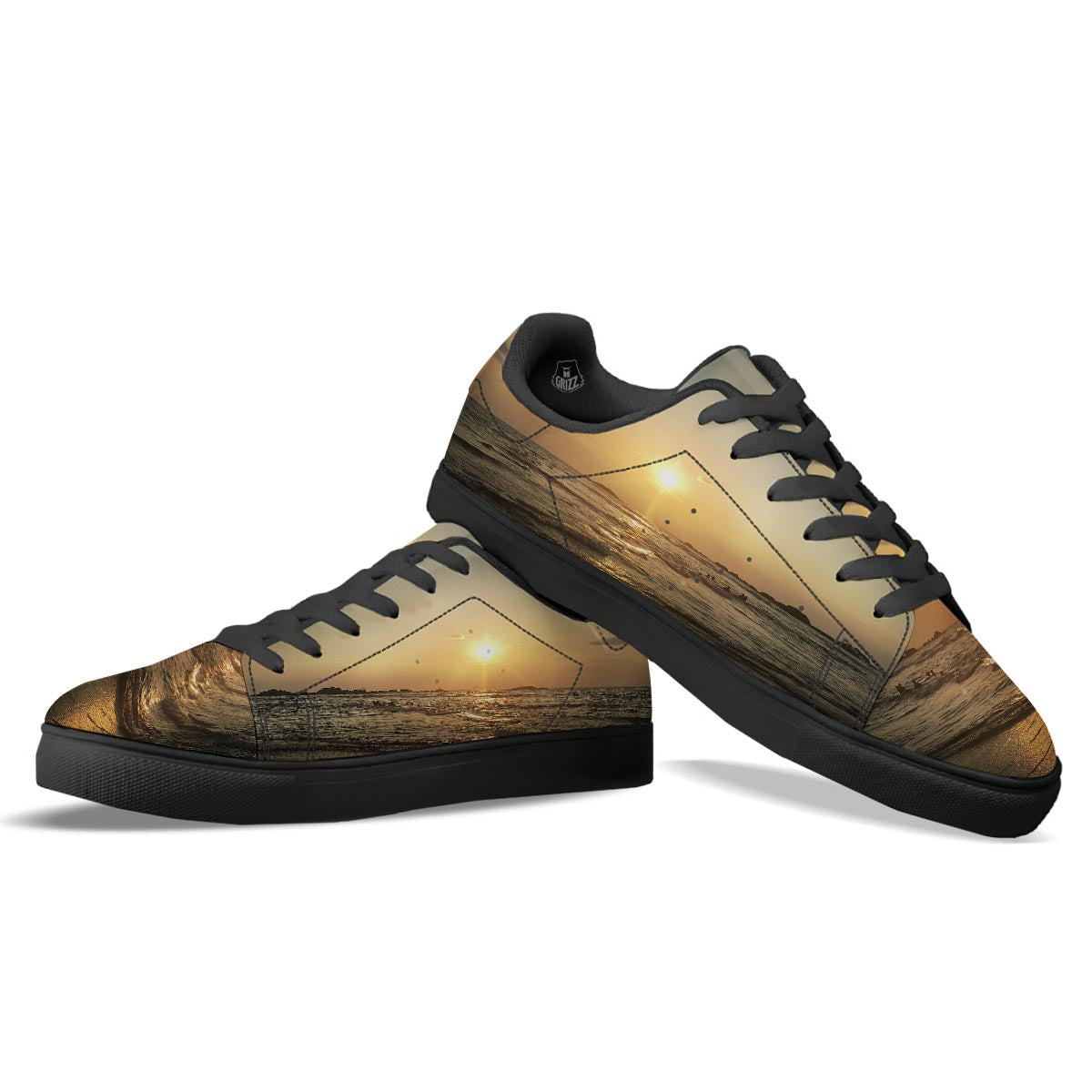 Beach Sunrise Print Black Low Top Sneakers-grizzshop