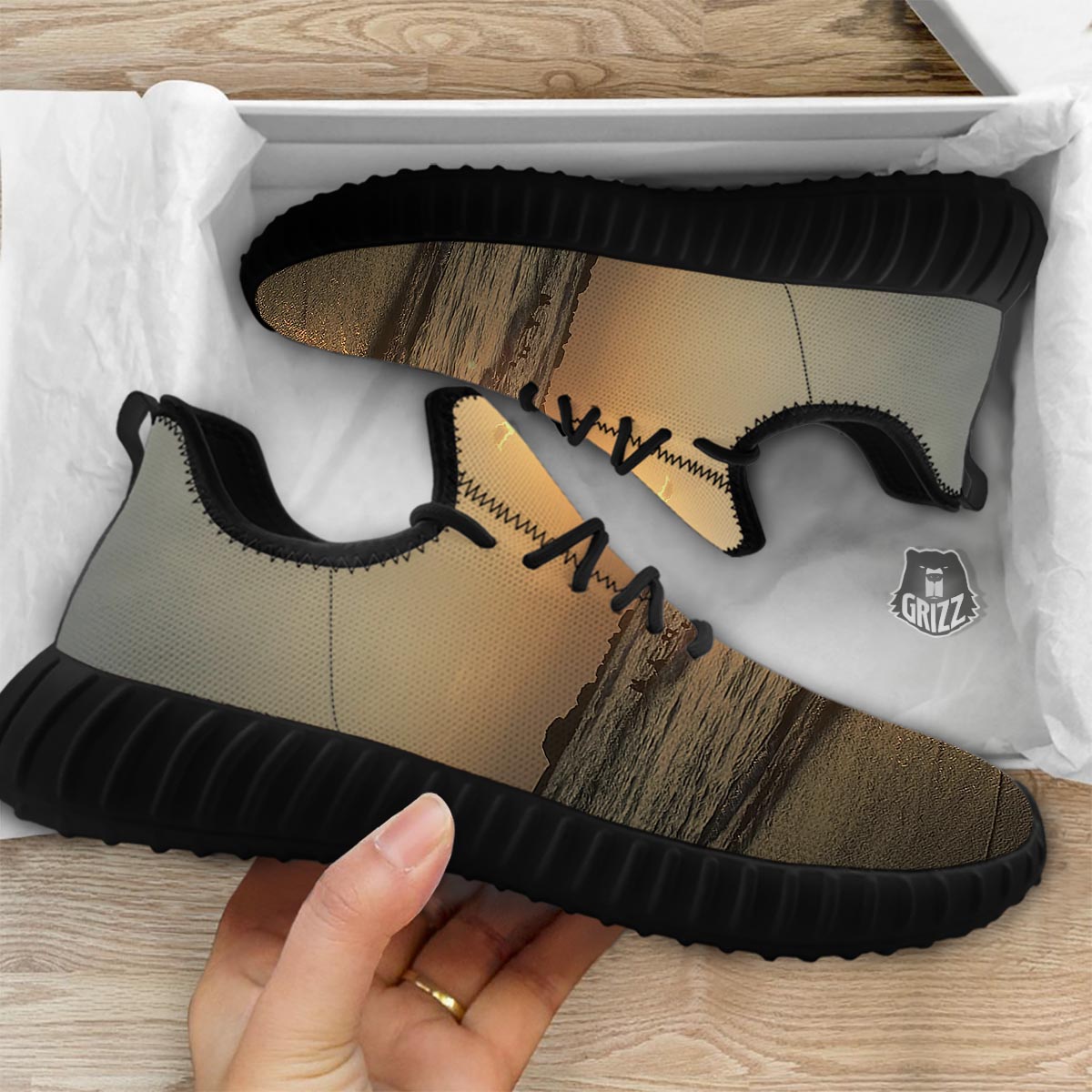 Beach Sunrise Print Black Walking Shoes-grizzshop