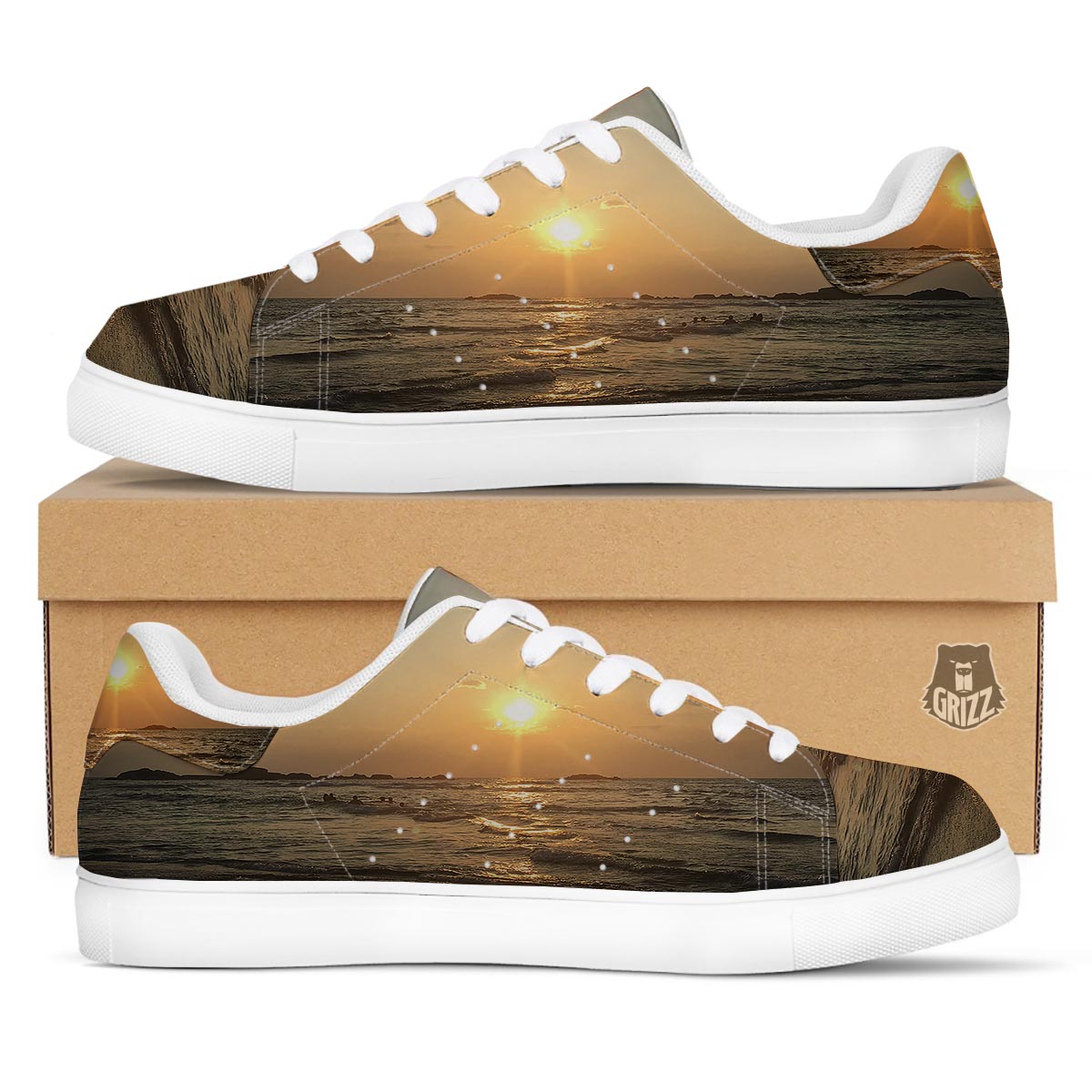 Beach Sunrise Print White Low Top Sneakers-grizzshop