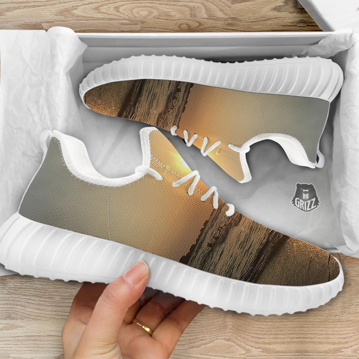 Beach Sunrise Print White Walking Shoes-grizzshop