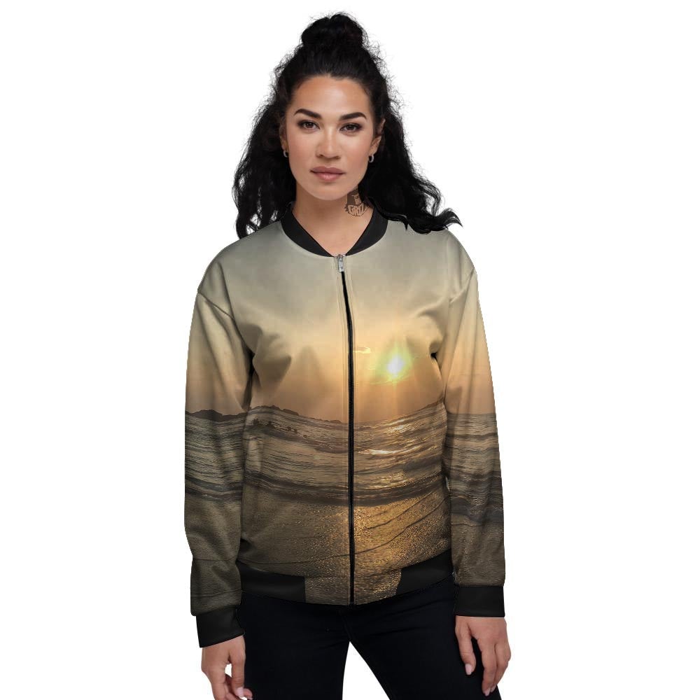 Beach Sunrise Print Women's Bomber Jacket-grizzshop