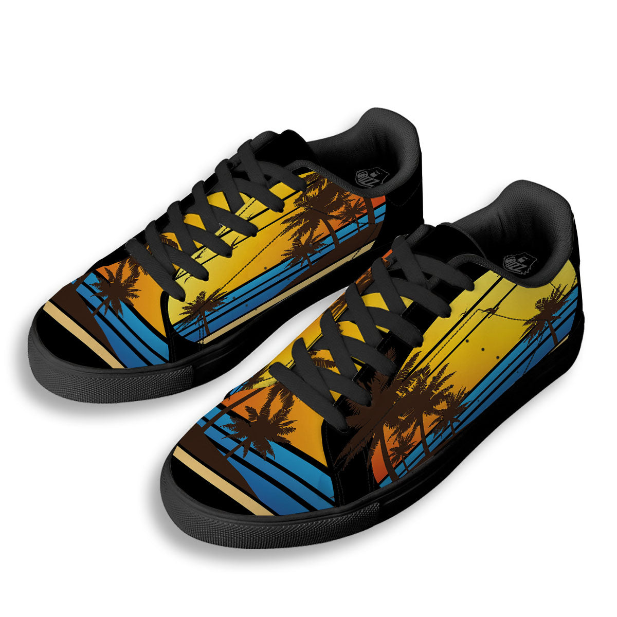 Beach Sunset Palm Tree Print Black Low Top Sneakers-grizzshop