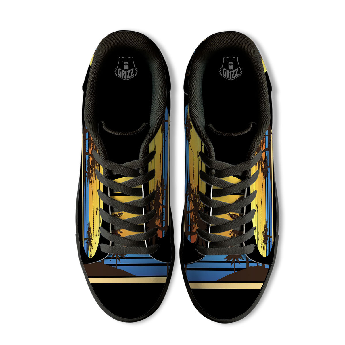 Beach Sunset Palm Tree Print Black Low Top Sneakers-grizzshop