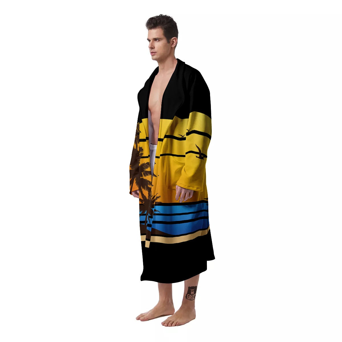Beach Sunset Palm Tree Print Men's Robe-grizzshop
