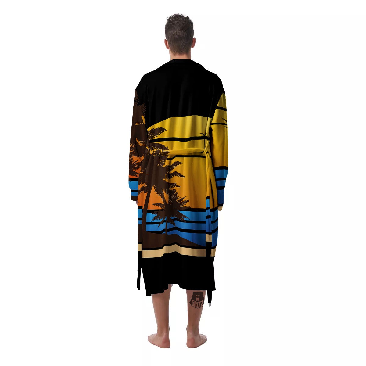 Beach Sunset Palm Tree Print Men's Robe-grizzshop