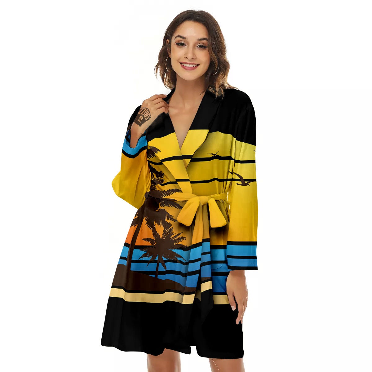 Beach Sunset Palm Tree Print Women's Robe-grizzshop