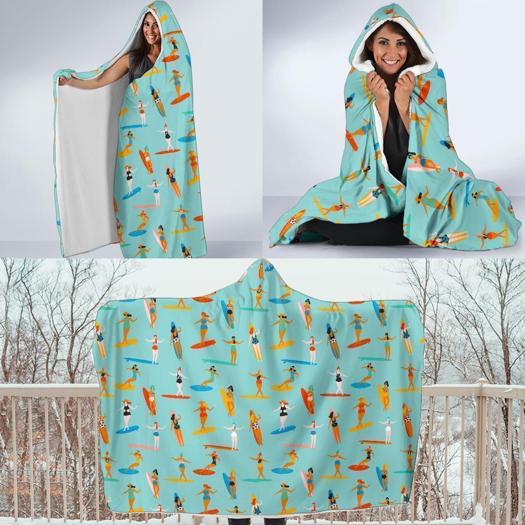 Beach Surfing Pattern Print Hooded Blanket-grizzshop
