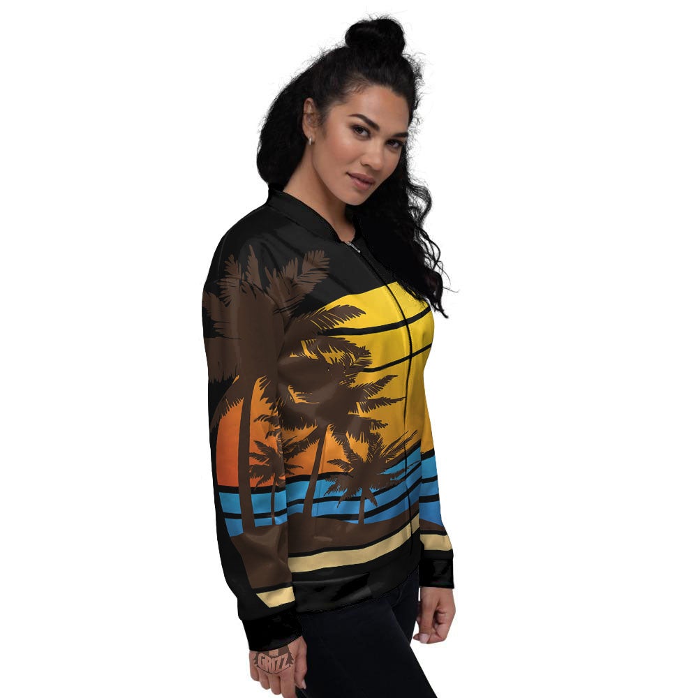 Beach Sunset Palm Tree Print Women's Bomber Jacket-grizzshop