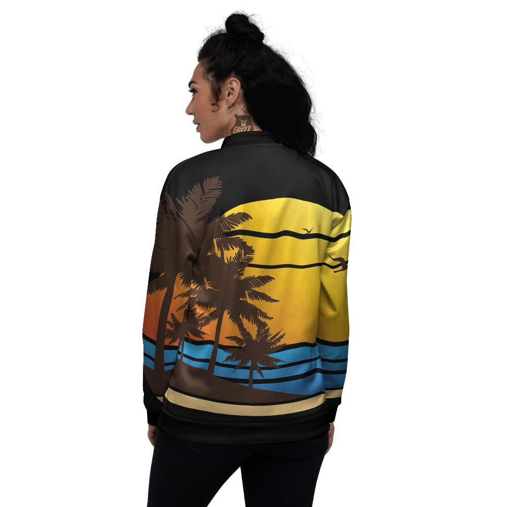 Beach Sunset Palm Tree Print Women's Bomber Jacket-grizzshop