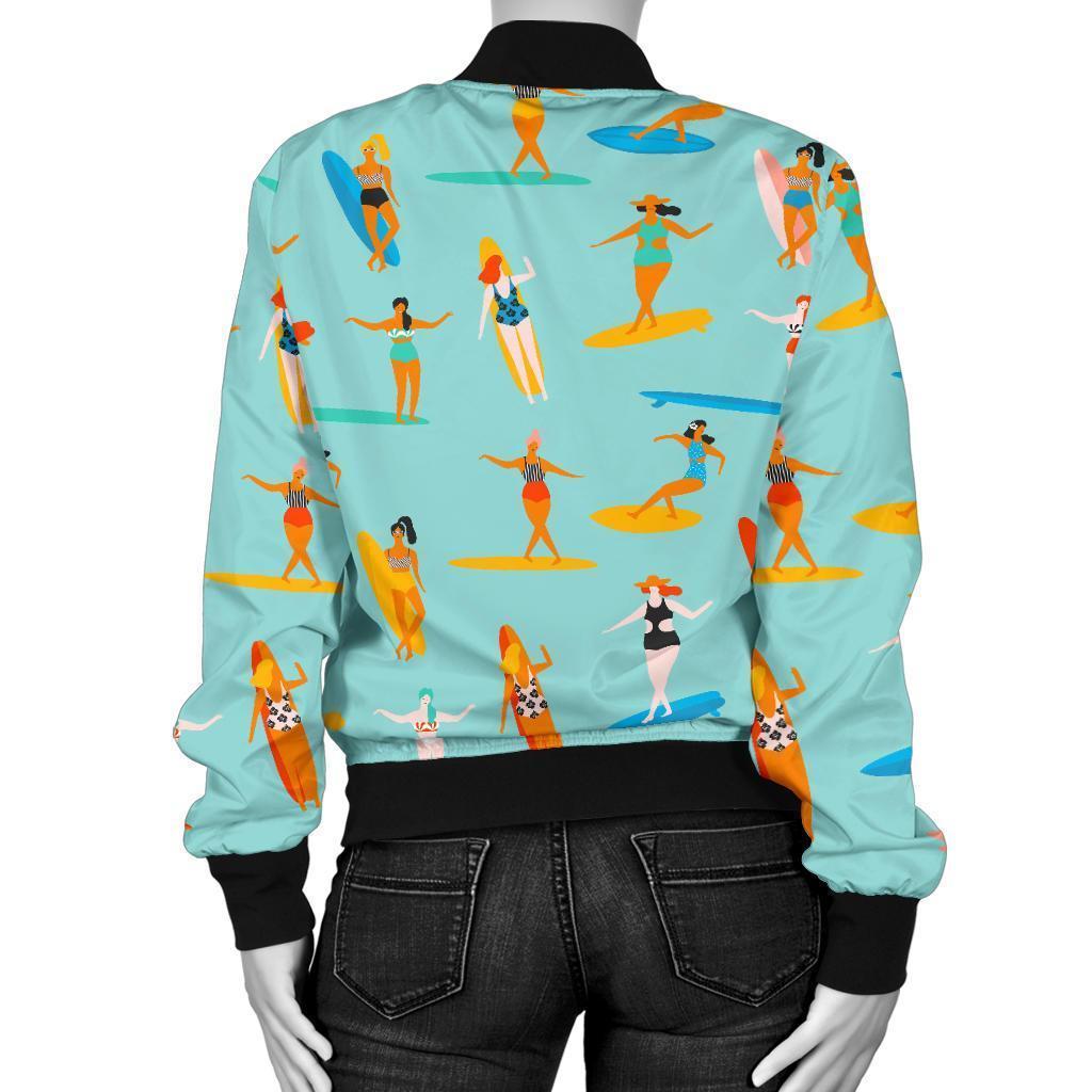 Beach Surfing Pattern Print Women Casual Bomber Jacket-grizzshop
