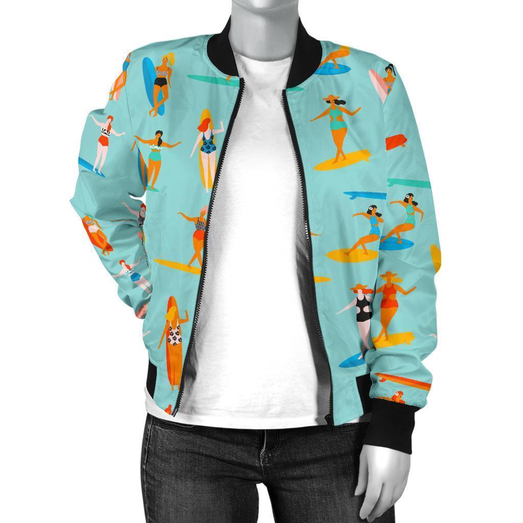 Beach Surfing Pattern Print Women Casual Bomber Jacket-grizzshop