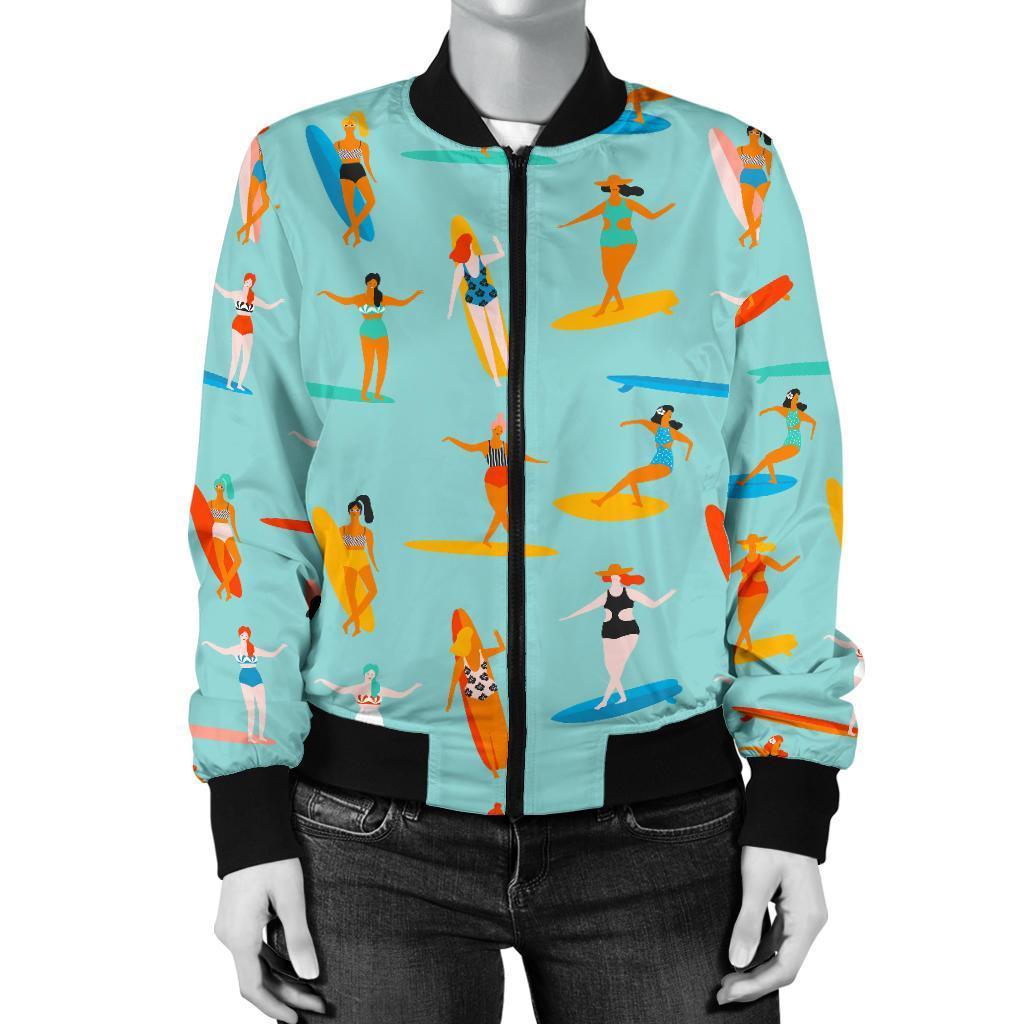 Beach Surfing Pattern Print Women Casual Bomber Jacket-grizzshop
