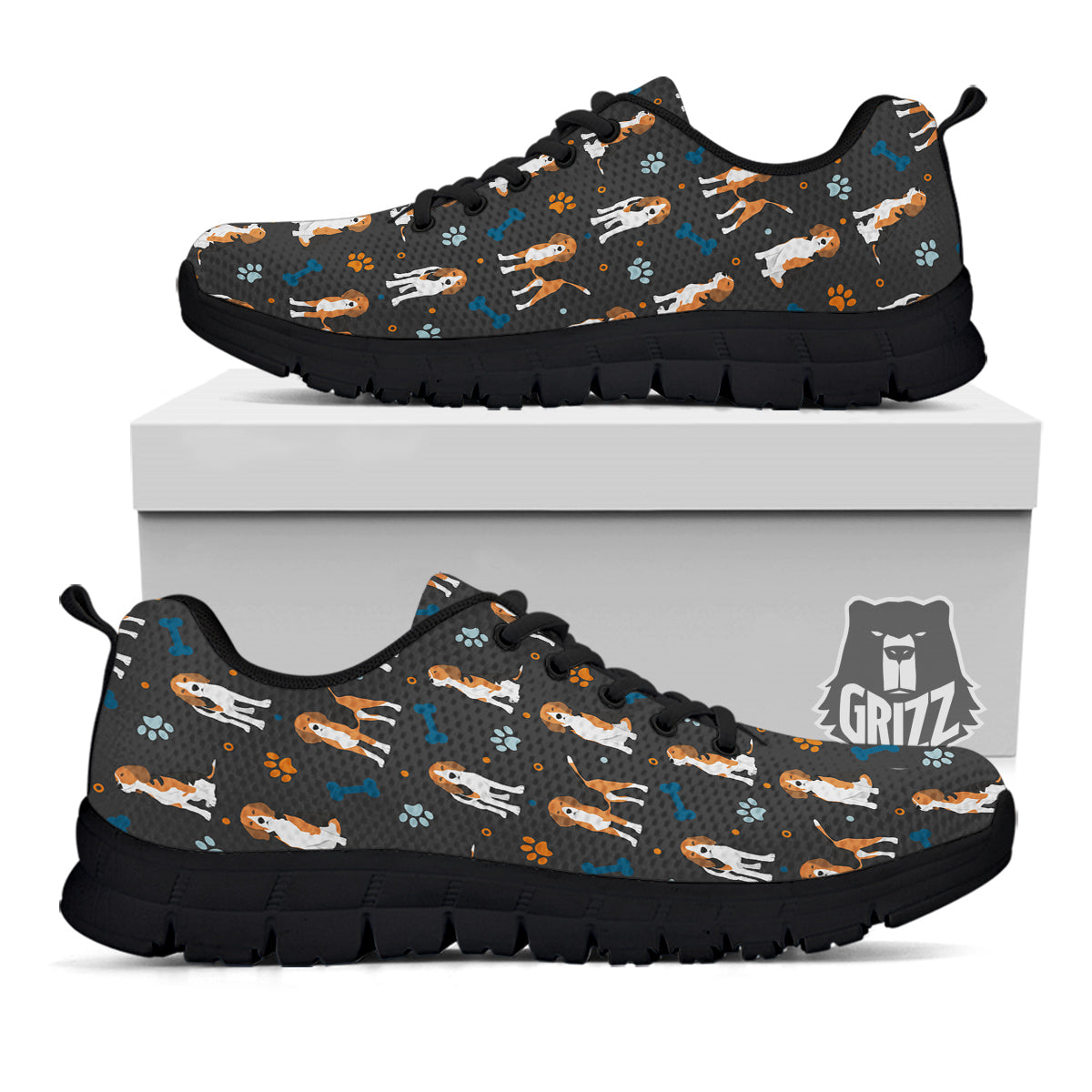 Beagle Cute Cartoon Print Pattern Black Sneaker-grizzshop