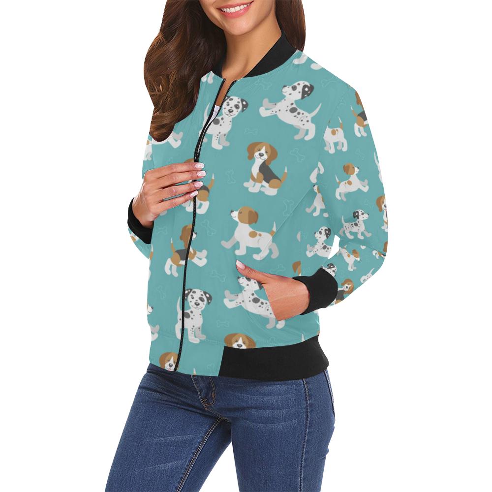 Beagle Dog Bone Pattern Print Women Casual Bomber Jacket-grizzshop
