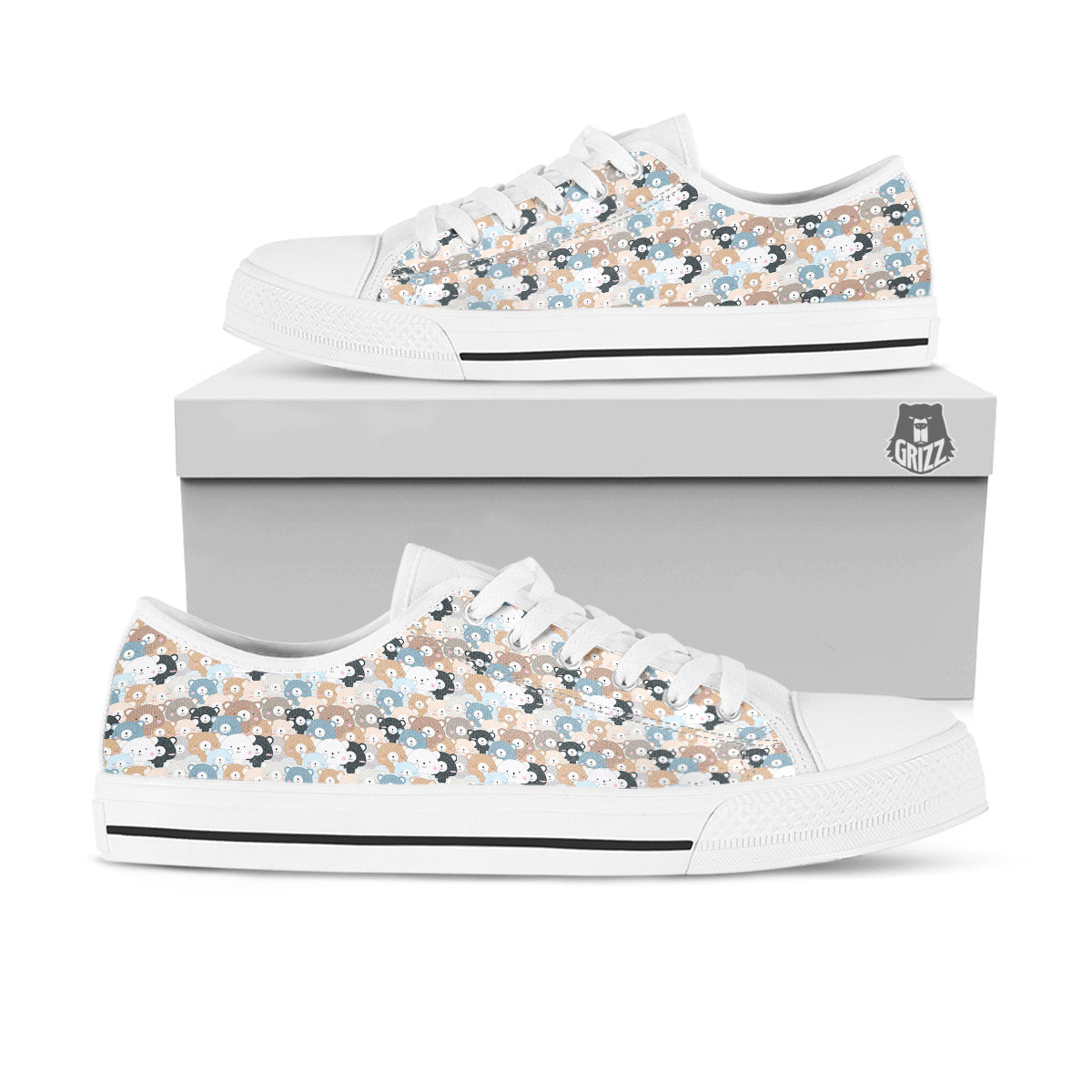 Bear Cute Print Pattern White Low Top Shoes-grizzshop
