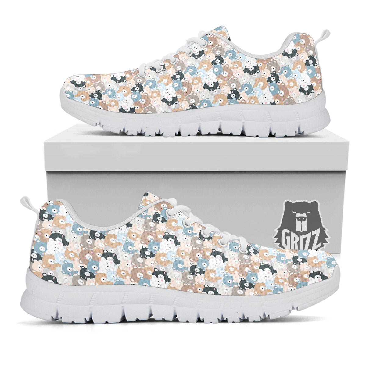 Bear Cute Print Pattern White Sneaker-grizzshop