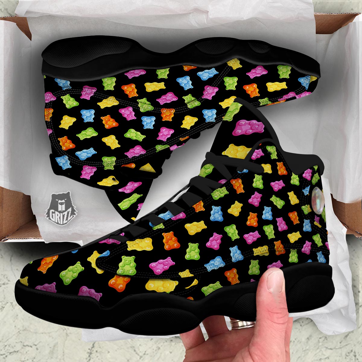 Bear Sweet Gummy Print Pattern Black Basketball Shoes-grizzshop