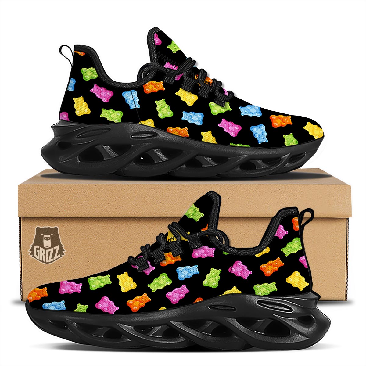 Bear Sweet Gummy Print Pattern Black Running Shoes-grizzshop