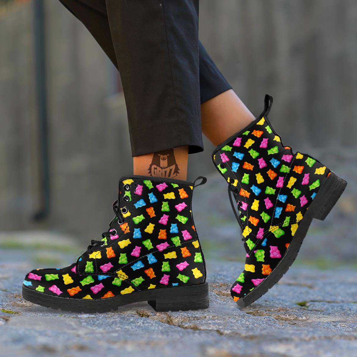 Bear Sweet Gummy Print Pattern Leather Boots-grizzshop