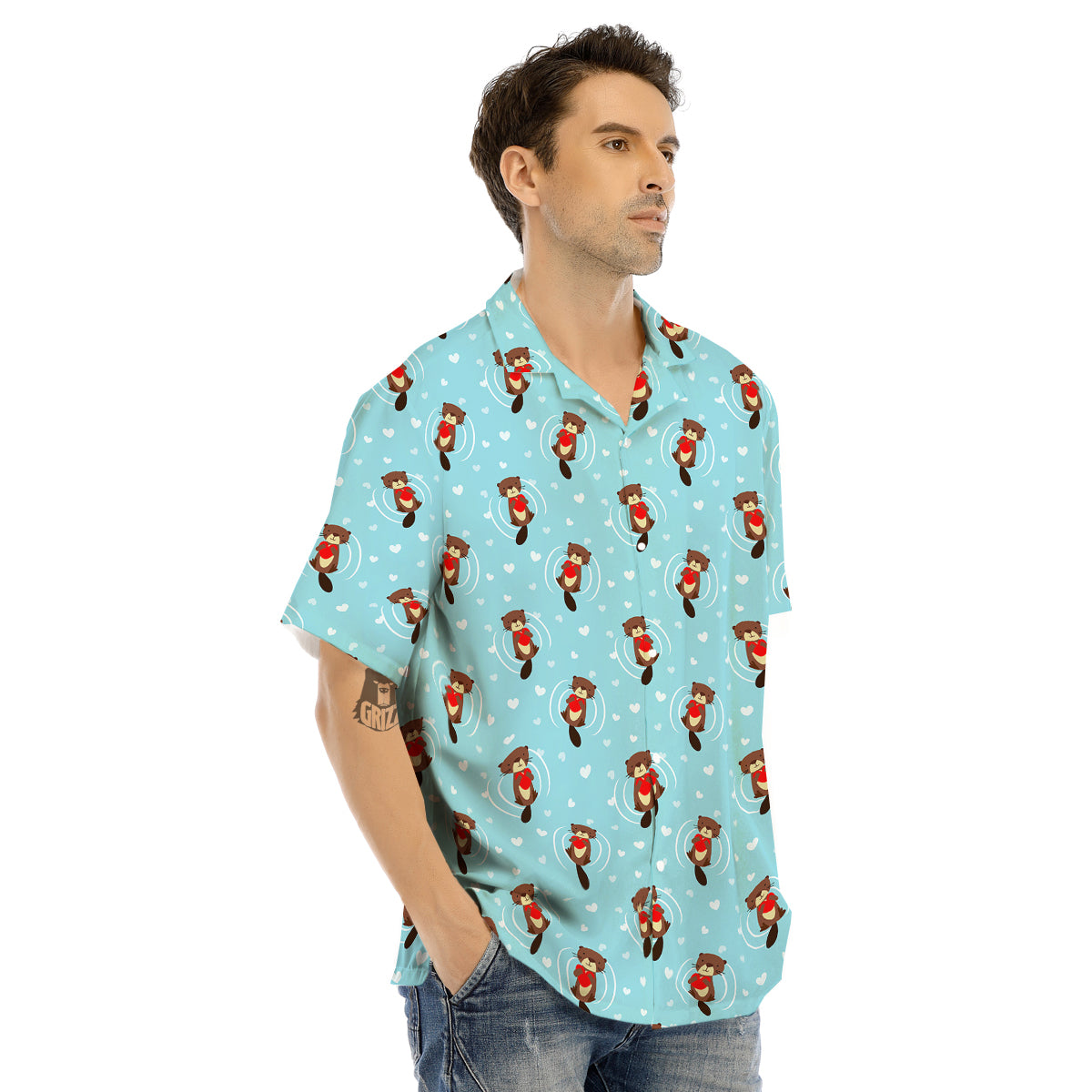 Beaver And Heart Print Pattern Men's Hawaiian Shirt-grizzshop