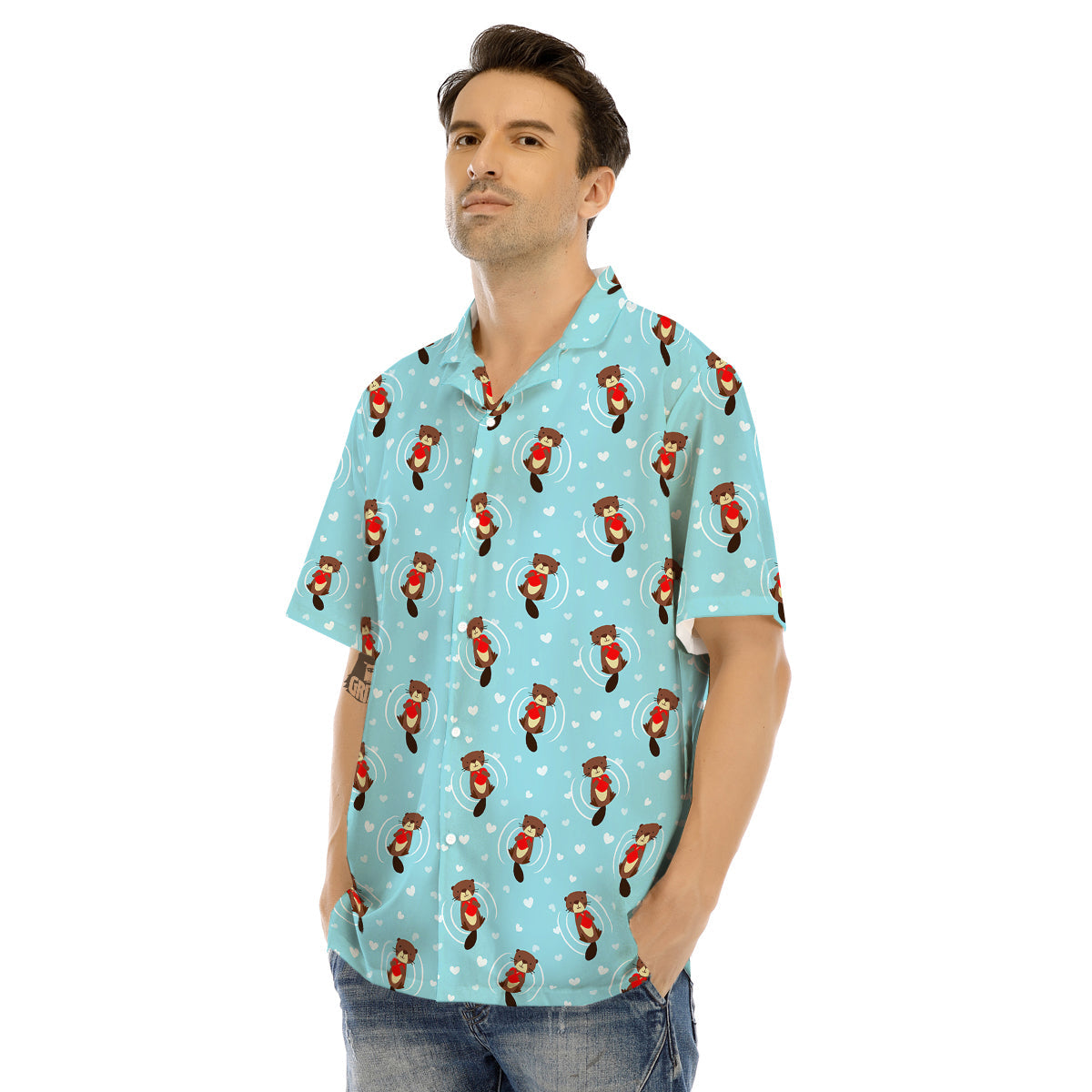 Beaver And Heart Print Pattern Men's Hawaiian Shirt-grizzshop