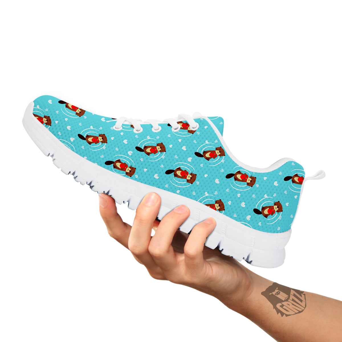 Beaver And Heart Print Pattern White Sneaker-grizzshop