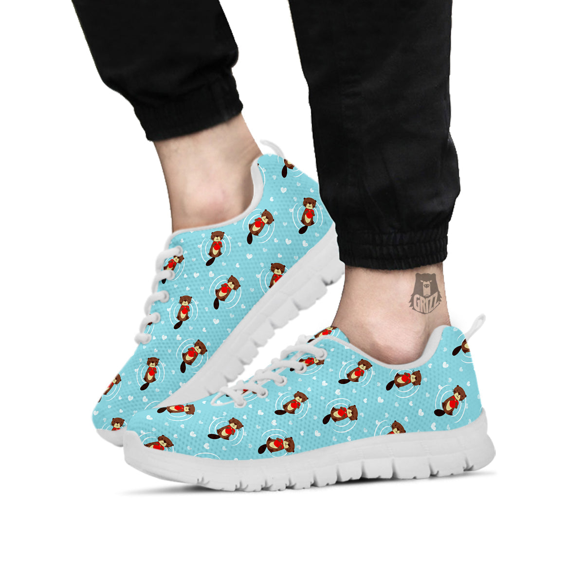 Beaver And Heart Print Pattern White Sneaker-grizzshop
