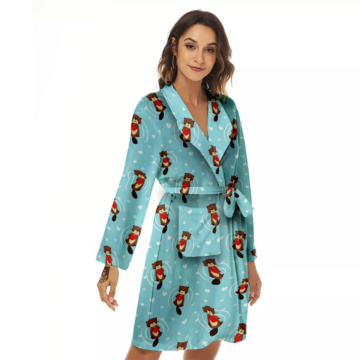 Beaver And Heart Print Pattern Women's Robe-grizzshop