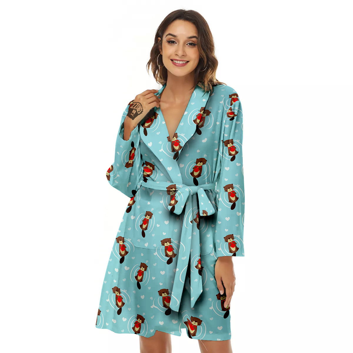 Beaver And Heart Print Pattern Women's Robe-grizzshop