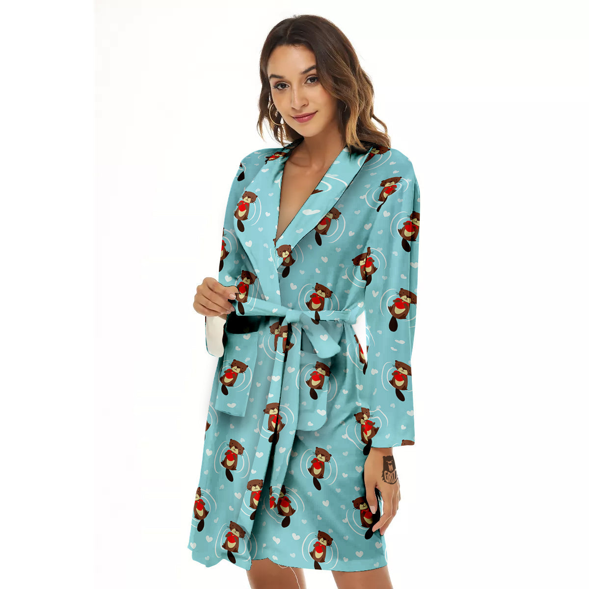 Beaver And Heart Print Pattern Women's Robe-grizzshop