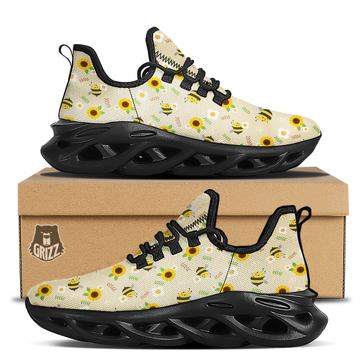 Bee Cute Cartoon Print Pattern Black Running Shoes-grizzshop