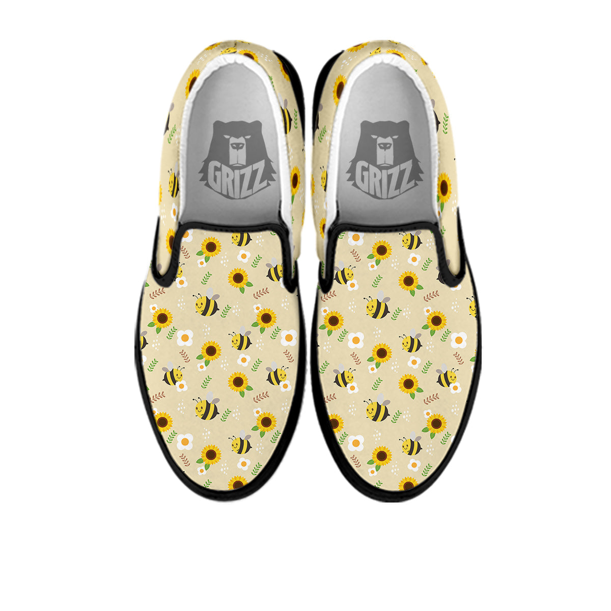 Bee Cute Cartoon Print Pattern Black Slip On Shoes-grizzshop